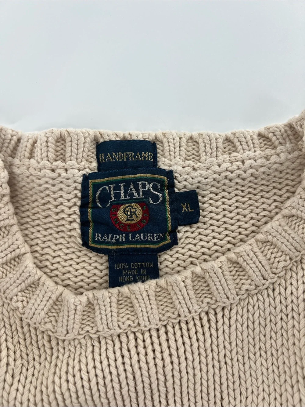 Vintage Ralph Lauren Chaps Cream Logo Knit Sweater oars Preppy Academia Rush XL